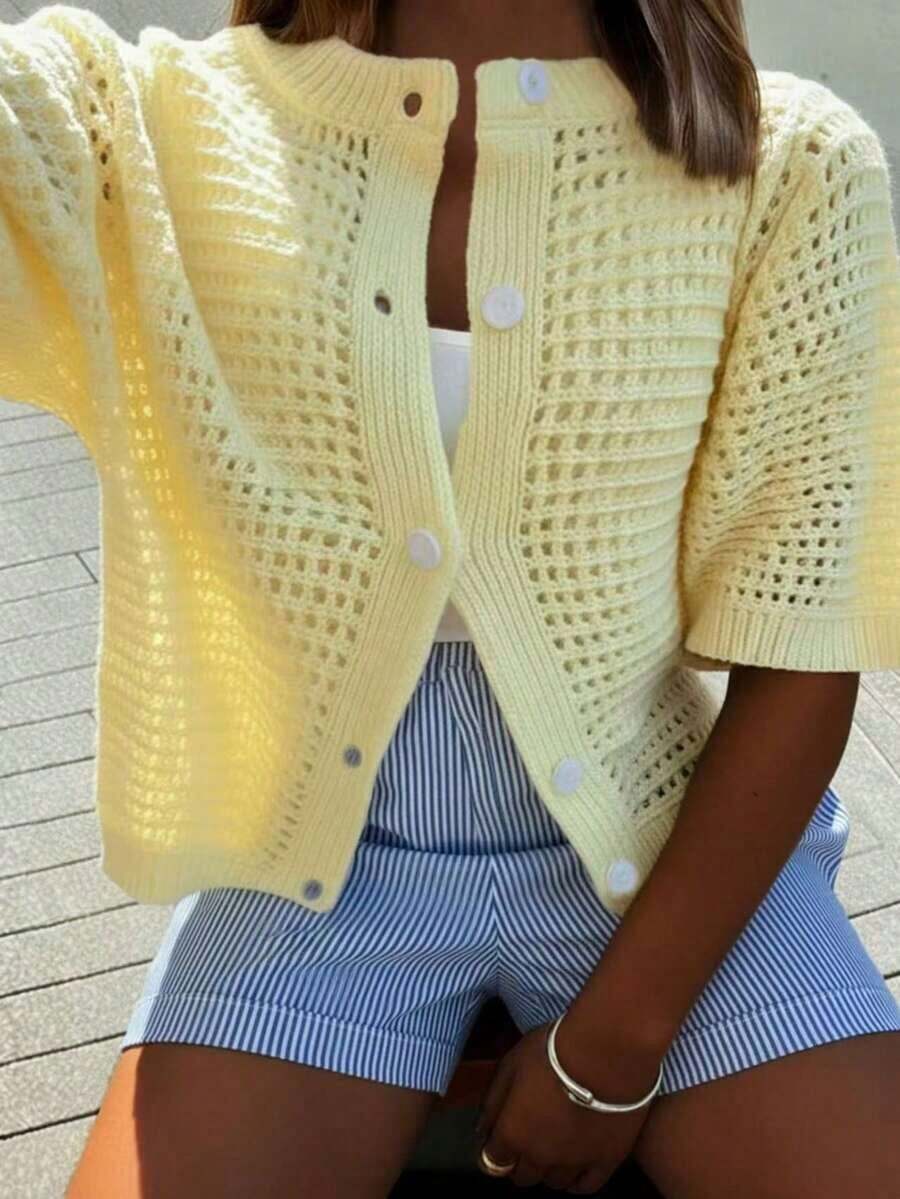 FOR BEAUTY Summer New Round Neck Short Sleeve Knit Cardigan, Women Loose Hollow Thin Button Cream Yellow Top, Casual Versatile, Suitable For Street Shopping And New Year Wear Spring - 白色 - 查看 1