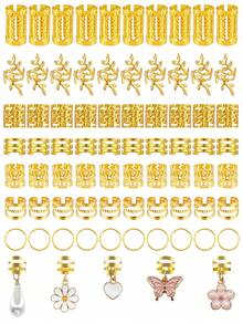 75个花卉梦幻发圈，包含白色爱心、珍珠、雏菊、粉色蝴蝶和山茶花图案 - 优雅多形状可调节合金发夹，浪漫波西米亚花园风格女士发饰 - 金色 - 查看 2