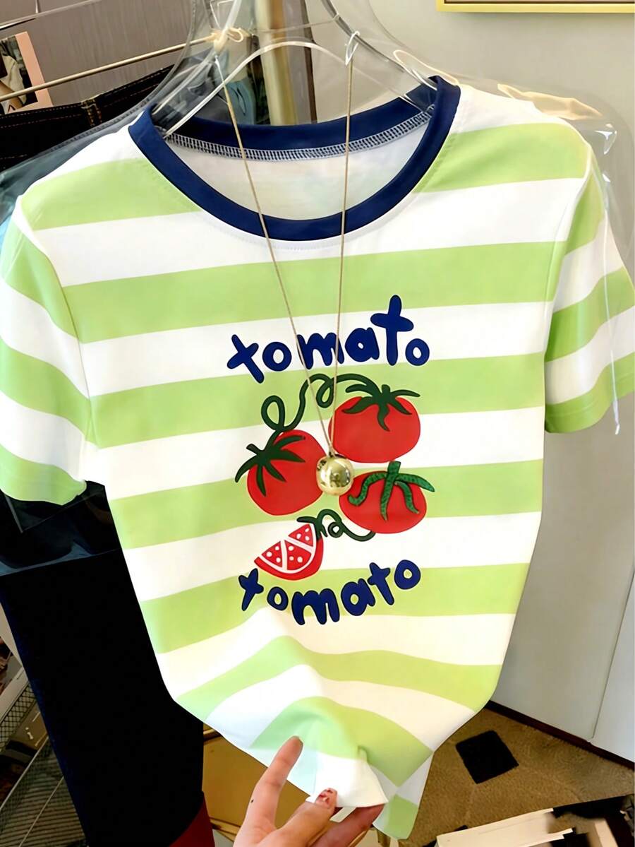 撞色番茄印花条纹T恤，女士夏季穿搭，度假穿搭，沙滩穿搭，休闲外出穿搭 白色 - 白色 - 查看 1