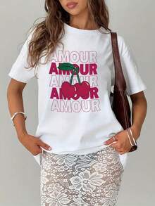 Women's Fashionable Printed Pure Cotton Short-Sleeved T-Shirt, Featuring A Graphic Print Design, Round Neck Short Sleeves, Soft And Breathable, Versatile, Suitable For Everyday Wear, A Must-Have For Fashionable Women! - White - View 1