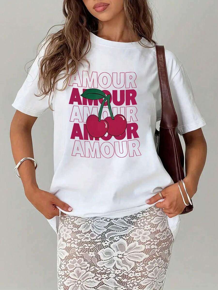 Women's Fashionable Printed Pure Cotton Short-Sleeved T-Shirt, Featuring A Graphic Print Design, Round Neck Short Sleeves, Soft And Breathable, Versatile, Suitable For Everyday Wear, A Must-Have For Fashionable Women! - White - View 1