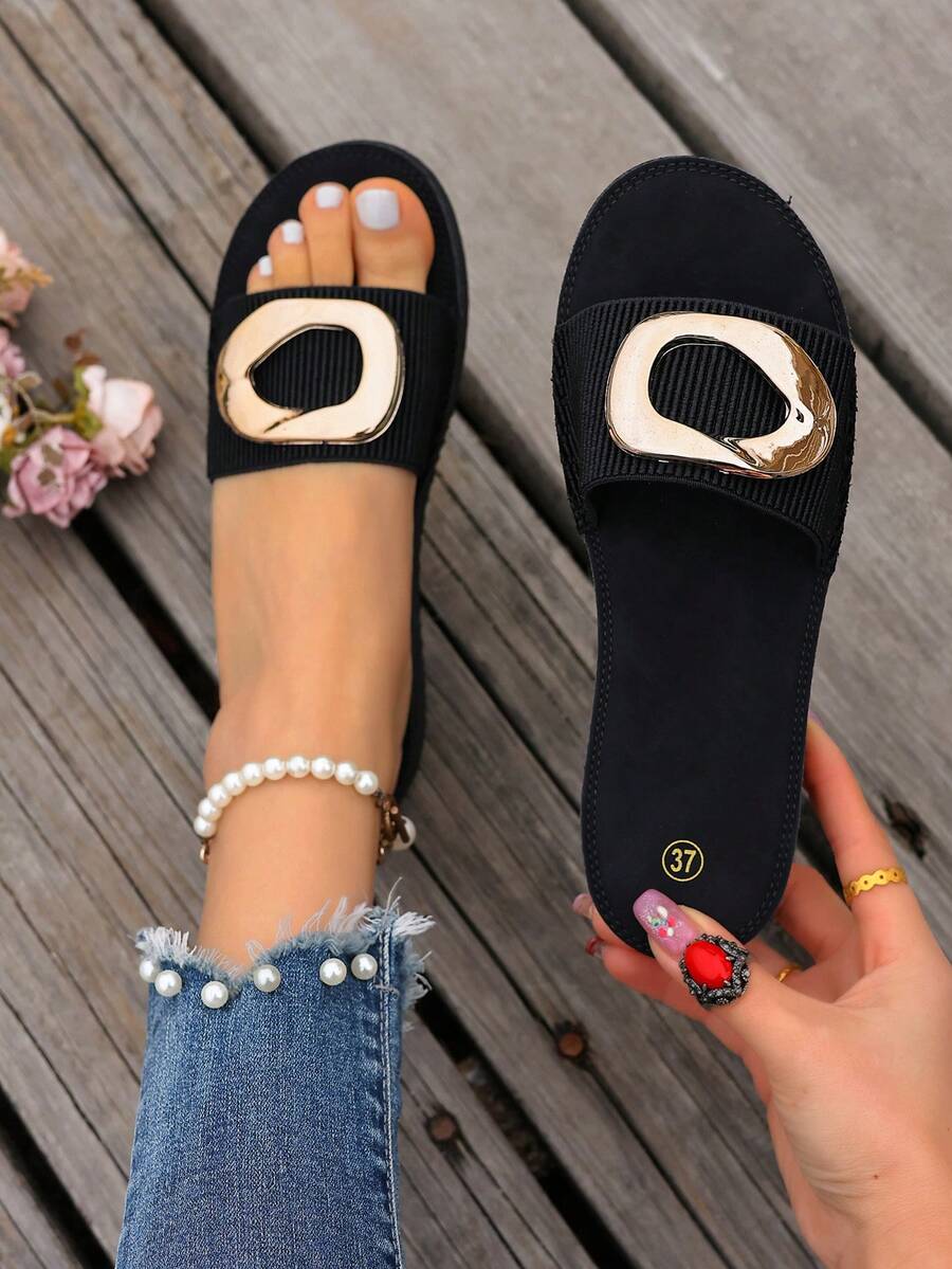 Fashionable Metal Buckle Decor Sandals, Versatile Slim, Non-Slip, Lightweight, Suitable For Commuting And Casual Wear, Plus Size - Black - View 1