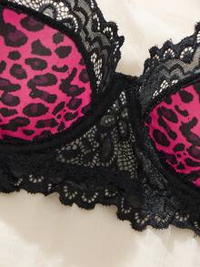 1 Set Sexy Leopard Print Black Lace Sheer Lingerie Bra - Alluring Intimates - Hot Pink - View 3