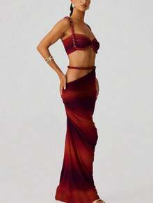 Women's Sexy Backless Camisole And Pleated Long Skirt Set, Summer Vacation Outfit - 紅色 - 查看 2