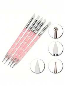 5Pcs Dual-End Nail Silicone Brushes Nail Art Dotting Pens, Sculpture Pen Set, Clay Sculpting Drawing Tools UV Gel Dotting Drawing Painting Pen - Pink - View 2