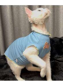 宠物罗纹针织无袖背心，可爱猫咪刺绣图案，透气宠物服装 - 藍色 - 查看 5