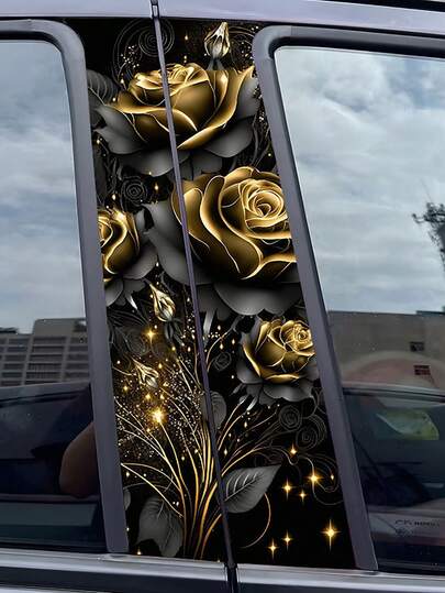 Black Gold Rose Flower Sticker For Car Center Pillar, Creative Scratch-Resistant Decorative B-Pillar Sticker