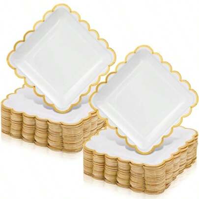 Honeydak 72 piezas Platos de papel cuadrados desechables con borde dorado Platos de postre para eventos de fiesta boda despedida de soltera celebraciones de cumpleaños con borde festoneado 18 cm