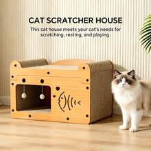 Cat Scratching Board And Resting Bed | Durable Cardboard Scratcher With Hanging Toys, Suitable For Kittens/Adult Cats, Space-Saving All-Season Comfort, Scratching Posts, Popular Cat Nest Storage Furniture With Cat Toy Ball - 56*30*30cm - 查看 7
