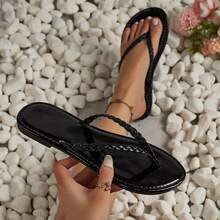 女士人字拖，街头休闲度假时尚黑色平底百搭防滑凉鞋 - 黑色 - 查看 10