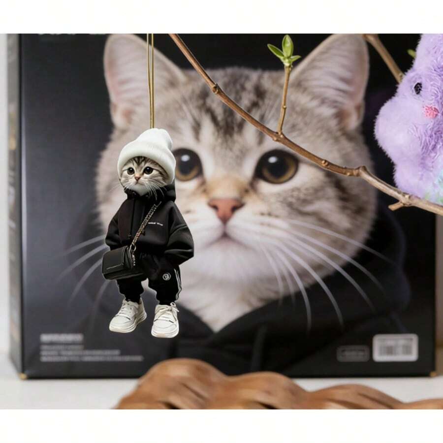 Novelty Street Style Kitten Car Hanger, Fashionable Cat In Hoodie & Sneakers Car Ornament, Quirky Car Accessory For Car Interior Decor - A - View 1