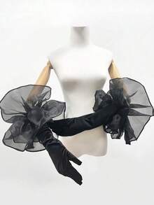 1 Pair Black, White, Floral Decor Gothic Style Long Over-Elbow Gloves, Suitable For Weddings, Parties, Halloween Autumn Accessories - màu đen - Xem 3