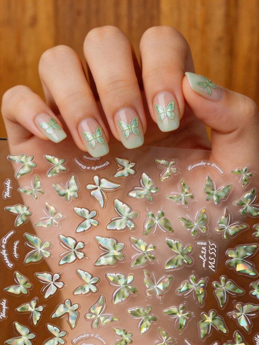 1张5D美甲贴纸，彩色蓬松贝壳蝴蝶图案，高品质美甲贴花，春季美甲设计，美甲装饰贴纸 - 彩色 - 查看 1