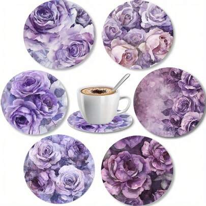 6pcs 2D Floral Printed Round Coasters, PET Material, Suitable For Patio, Kitchen, Living Room, Home Gatherings, Tabletop Decor, Gift For Friends And Family On Holidays, Suitable For Valentine's Day, Wedding, Mother's Day, Birthday Party, Home Decor Accessories, Best Gift For Friends