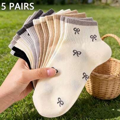 1/3/5pairs Of Cute And Breathable Striped Bow-Shaped Polka Dot Pattern Short Invisible Stockings For Ladies, Ankle Socks, Socks In The Style Of, White Socks, Black Socks, Suitable For Daily Casual Wear, All Seasons (Spring, Summer, Autumn, Winter)