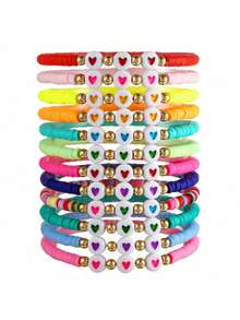 Set de 12 piezas de pulseras de arcilla blanda con cuentas con diseño de corazón que brillan en la oscuridad, en colores y estilos aleatorios, adecuado para festivales, celebraciones y regalos - Multicolor - Ver 9