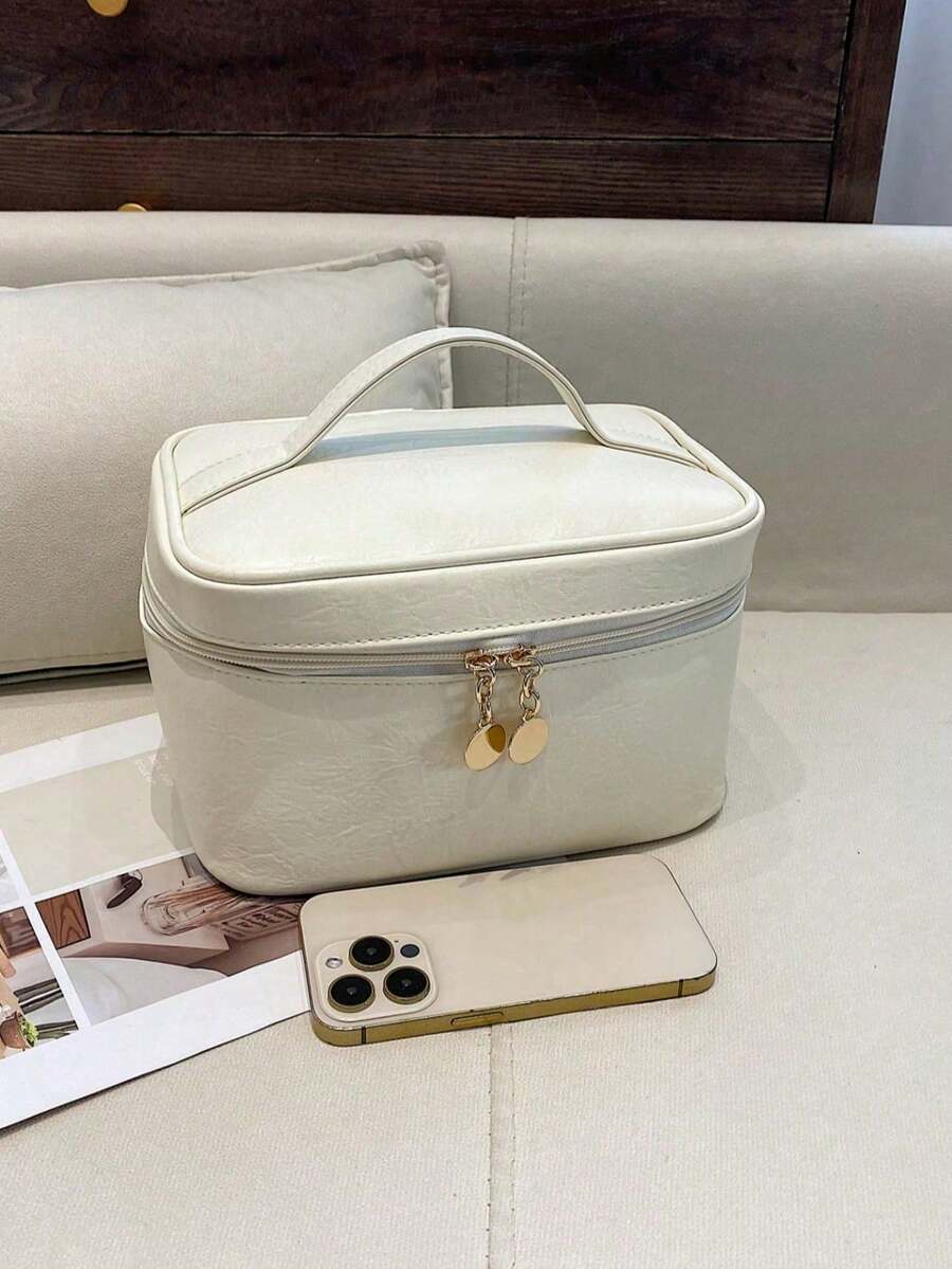 1 túi đựng mỹ phẩm nữ bằng da PU màu trơn, hình hộp vuông, túi đựng đồ trang điểm, túi đựng đồ vệ sinh cá nhân, túi đựng đồ trang điểm du lịch, đồ dùng cần thiết cho chuyến đi, quà tặng cho phụ nữ. - Màu be - Xem 1