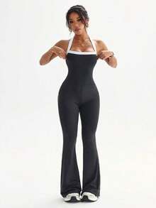 Dewbera Women's Yoga Outdoor Fitness Jumpsuit, Spaghetti Strap Contrast Color Backless Tank Top & Tight Flare Pants - 深灰色 - 查看 7