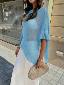 FOR BEAUTY Summer New Women's Solid Ribbed Olive Green Knit Cardigan, Asymmetric Hem Design, Fine Shiny Knit Fabric, Lightweight & Breathable, Slightly Loose Fit Suitable For Various Body Types, Vacation & Casual Style Top, Suitable For Holiday, Boho, Sexy, Summer Women's Clothing - 藍色 - 查看 9