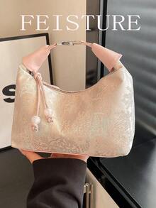 1pc Solid Color Nylon Fabric Chinese Style Embroidered Pattern Random Style Portable Bucket Bag, Suitable For Shopping, Dating, Women's Gift, Suitable For White-Collar, Office, Work, School, Commuting - Pink - View 7