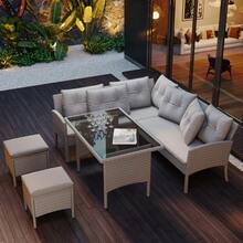 Poly Rattan Dining And Garden Lounge Set For 7 People, Including Sofa, Table, Stool And Cushions, Removable And Washable Cover, Khaki Colour. - C - View 9