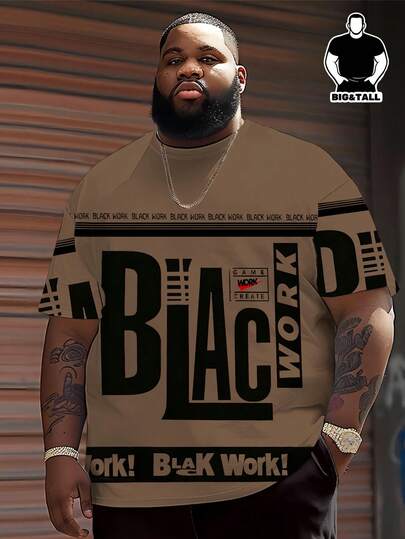 大码加长款浅卡其色底黑色Logo“BLACK WORK”重复标语+GAME Logo美式街头工装复古酷炫短袖上衣