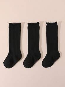 3 Pairs Girls' Black Solid & Striped Crew Socks, Minimalist Versatile, Suitable For Daily Wear - Black - View 8