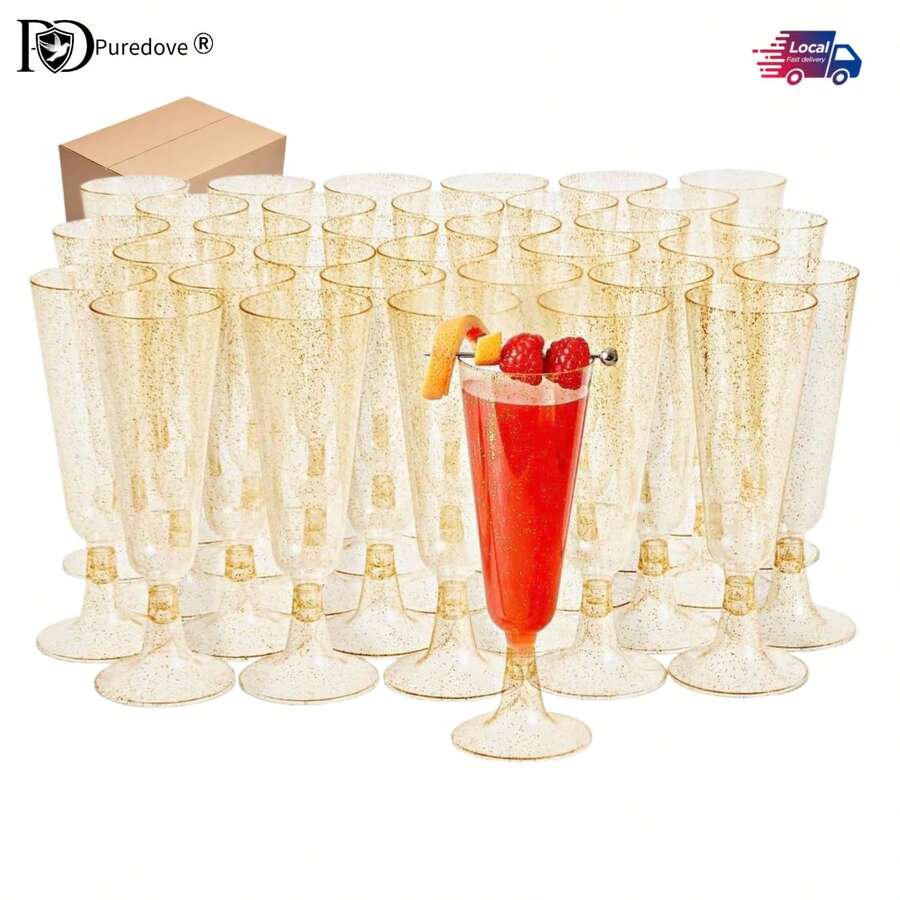 PUREDOVE 25/50 Pcs Premium Plastic Champagne Flutes, Gold Glitter, 5oz - Reusable Cocktail Glasses For Mimosa, Dessert, Wine - Toasting Glasses For Parties, Weddings - 彩色 - 查看 1