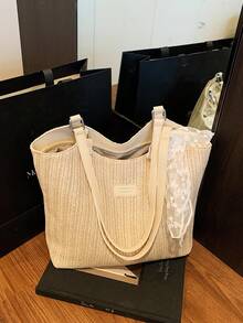 Bolso de mano grande de capacidad para viajes, bolso de hombro simple tejido para mujer, bolso de playa para vacaciones, nueva colección primavera/verano 2026 - Beis - Ver 11