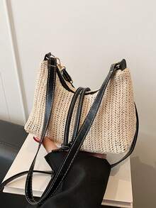 1pc Summer Beach Woven Shoulder Tote Bag, Straw Handbag For Women With Dual Shoulder Straps - Black - View 2