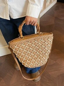 Summer Holiday Handbag, Woven Ladies Tote Bag, Colorblock Straw Bag With Long Shoulder Strap For Crossbody, Zipper Closure, Suitable For Vacation, Beach, Casual Daily Wear - Khaki - View 6