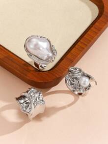 3pcs Set New Baroque Inlaid Asymmetric Geometric Vintage Silver Rings Set, Suitable For Women's Daily And Party Wear - Silver - View 4