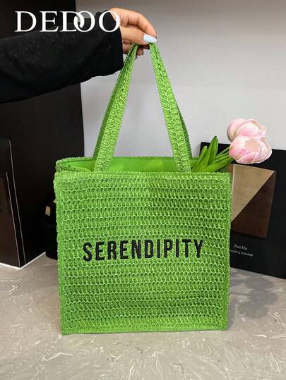 Dedoo Summer-Vibes Dopamine Waffle Weave Tote Bag With Letter Embroidery, A Large-Capacity Simple Women's Straw Square Bag, Suitable For Commuting Or Going Out, A Single-Shoulder/Underarm Bag For Vacation And Travel