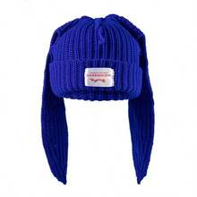 Luxury Label Knitted Hat Winter Long Cute Rabbit Ear Bunny Hat Women Men Party Personality Couple Hat Beanies Skullies - Tai dài màu đen - Xem 1