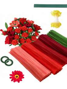 522pcs Floral Stem Handmade Craft Kit, Tubular Adhesive Handmade Set, DIY Flower Making Kit - 4 Shades Of Red, Including Stems, Stamens And Ribbons, Suitable For DIY Handicrafts, Floral Design And Creative Projects - Red - View 2