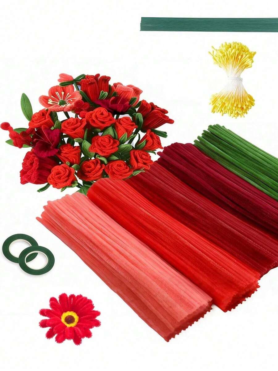 522pcs Floral Stem Handmade Craft Kit, Tubular Adhesive Handmade Set, DIY Flower Making Kit - 4 Shades Of Red, Including Stems, Stamens And Ribbons, Suitable For DIY Handicrafts, Floral Design And Creative Projects