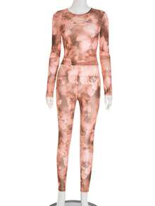 Women's Sheer Mesh Floral Print 2 Piece Outfits Long Sleeve Crew Neck Bodycon Top & High Waist Skinny Pants Set Sexy See Through Clubwear - Hồng - Xem 6
