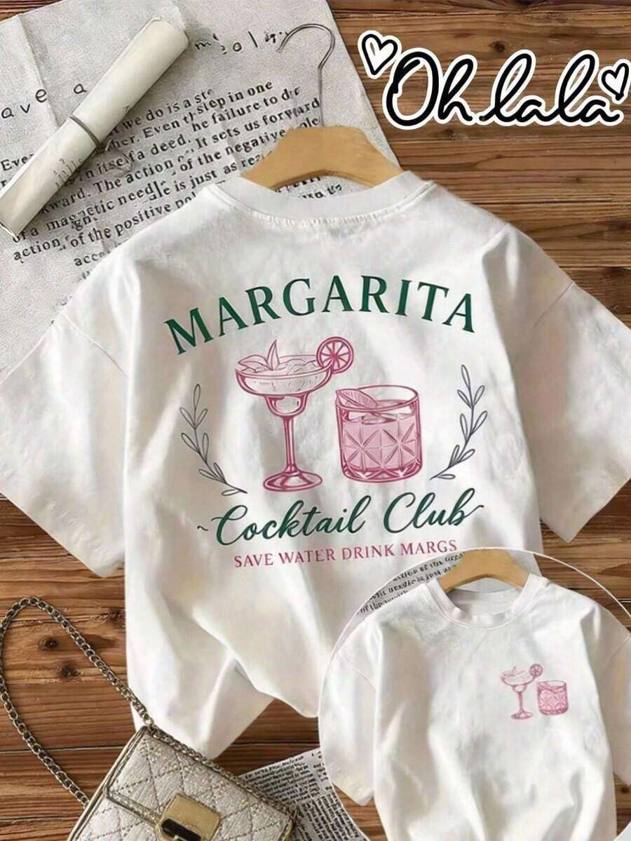 Playera Casual de Mujer, Cuello Redondo, Mangas Cortas, Estampada de "Cocktail Club" "Margarita", Hecho en Mexico - Blanco - Ver 1