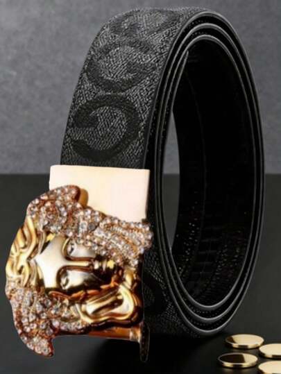 Luxury Men's Rhinestone Decor Business Automatic Buckle Belt, With Gold/Silver Portrait Buckle, Suitable For Middle-Aged & Young Professionals