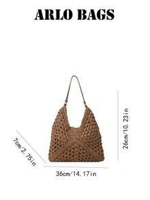 Ce sac fourre-tout tressé de couleur kaki peut être porté à l'épaule ou à la main. Il présente une grande capacité et un design d'ouverture polyvalent, parfait pour un sac de plage style vacances paresseuses. Très adapté pour les voyages et les courses. - Kaki - Voir 3