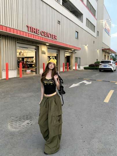 女士阔腿宽松休闲纯色复古抽绳工装裤 春季