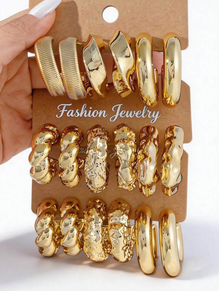 1 Set Fashionable Minimalist Geometric Pattern CCB Earrings Set, Suitable For Daily Wear - Yellow Gold - View 1