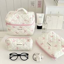 1/3 piezas Juego de bolsas de cosméticos con lazo rosa y diseño de conejo, bolsa de maquillaje con estampado floral, bolsa de tocador elegante, organizador de viaje, soporte para brochas de maquillaje para mujer/niña, bolsa de cosméticos acolchada vintage, organizador de cuidado de la piel lindo, bolsa de almacenamiento de maquillaje con estampado floral, mejor regalo para vacaciones - Rosa - Ver 7
