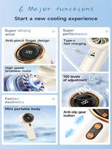 Rechargeable Handheld Electric Fan With Digital Display, 100 Wind Speeds, USB-C Charging, 1800mAh Battery, Home/Office/Travel Portable Cooling Device - A-White - View 7
