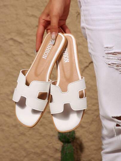 Women's Minimalist H-Shaped Flat Slide Sandals, Casual Open Toe Slip On Leather-Like Slippers For Office Daily Wear