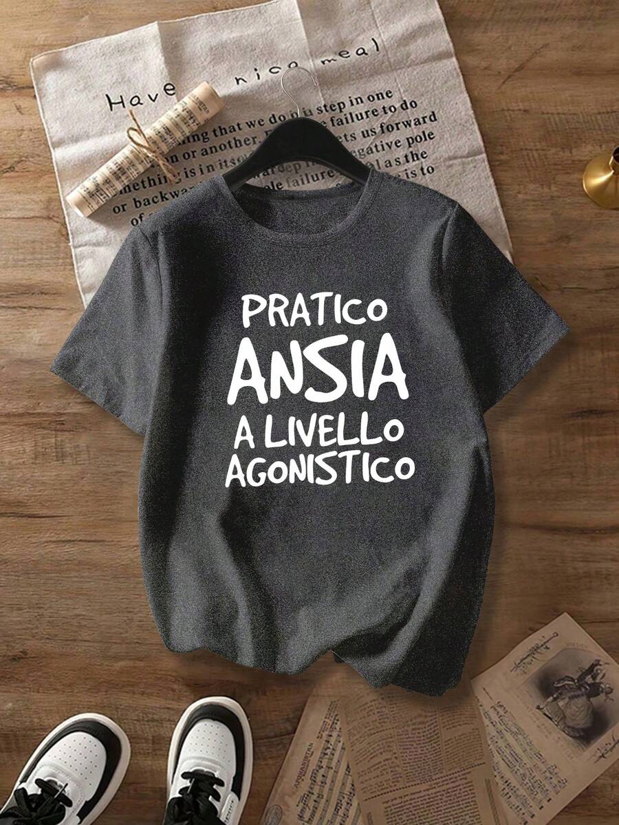 Interesting Letter Print Plus Size Women T-Shirt, Short Sleeve Round Neck Casual Top, Fashion Short Sleeve, Women Round Neck Comfortable T-Shirt, Casual Daily Women T-Shirt, Summer Clothing, Women Apparel, Versatile Casual - Grey - View 1
