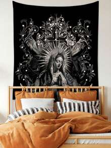 Goth 1pc Dark Holy Lady White Dove & Cross Printed Polyester Tapestry, Suitable For Daily Living Room Bedroom Wall Decoration, Camping Decoration, All Seasons - 1PC - View 4