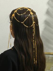 1pc Arabic Gold-Plated Diamond-Shaped Sequin Headchain, Women's Wedding, Party, Festival, Holiday Accessory - Golden - View 1