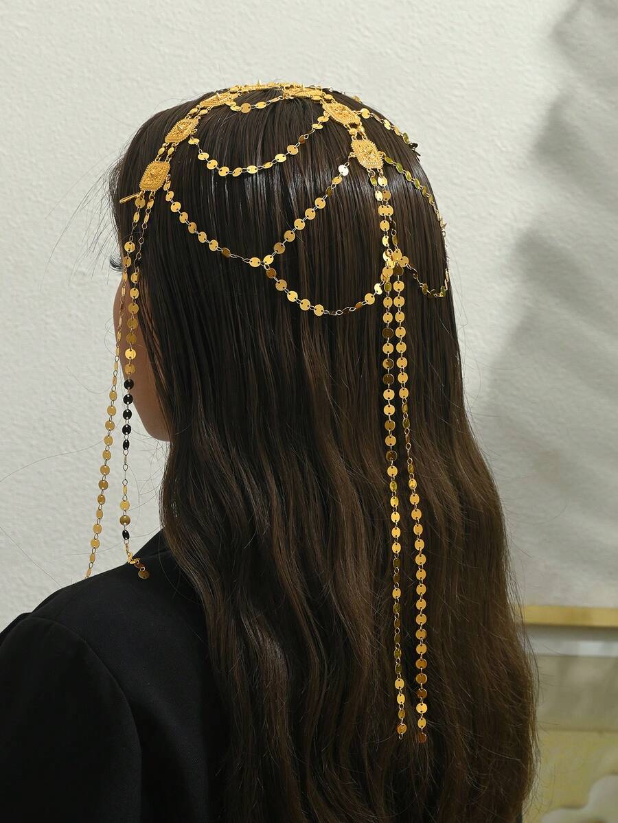 1pc Arabic Gold-Plated Diamond-Shaped Sequin Headchain, Women's Wedding, Party, Festival, Holiday Accessory - Golden - View 1