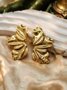 1 Pair Vintage Gold-Plated Pleated Fluid Stud Earrings, 3D Wavy Texture, Metallic Streamlined Earrings, Exquisite And Elegant For Parties, Anniversaries, Birthdays, Dates, Great For Photos, Perfect Gift For Mother - Gold - View 5